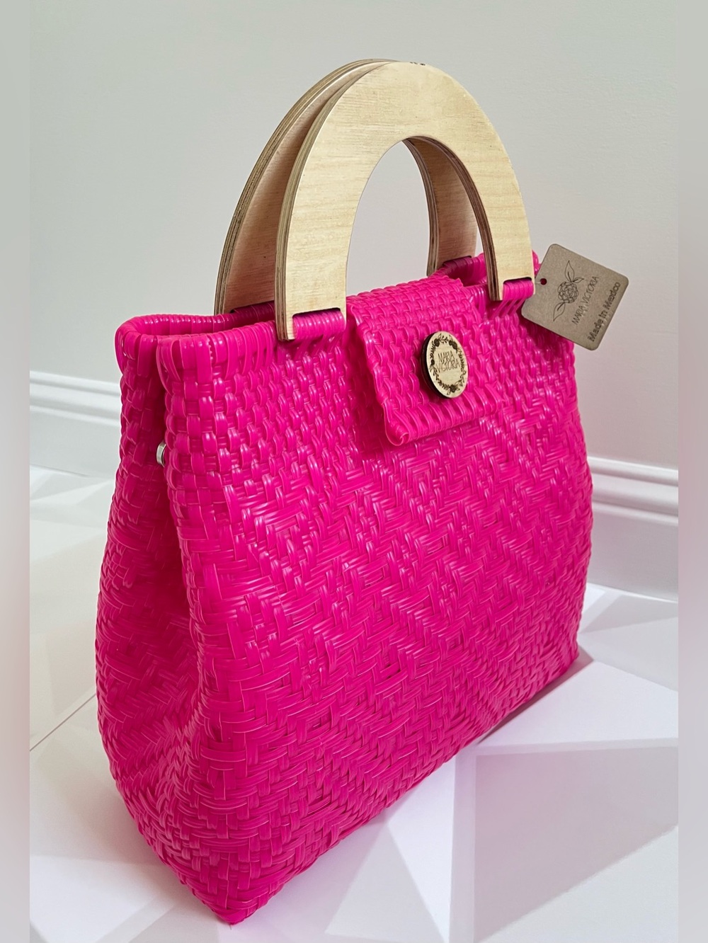 Maria Victoria Glimmer Magenta Tote Upcycled Woven with Wooden Handles NWT